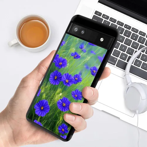 Vista 6 de CARLOCA Funda compatible con Google Pixel 6A, patrón de hierba de flores azules, ultra protección, a prueba de golpes, silicona suave, TPU