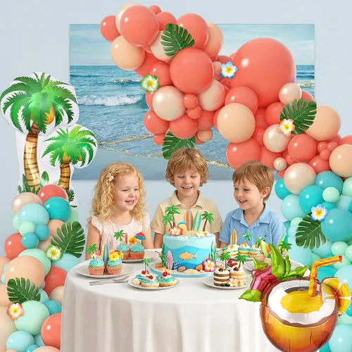 Vista 8 de Amandir Kit de guirnalda de arco de globos tropicales de 165 piezas, azul aguamarina, coral, rojo, rubor, verde pastel, globos de coco, hojas