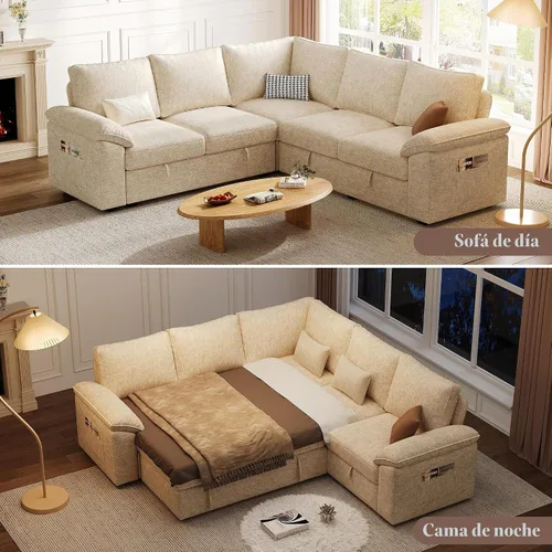 Vista 4 de Sofá modular de 85 pulgadas con cama extraíble, sofá modular de 5 asientos en forma de L con almacenamiento, sofás seccionales para sala de estar