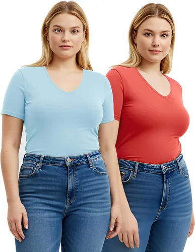 Vista 2 de Emmalise Camiseta de manga corta para mujer, cuello en V, tallas junior y plus