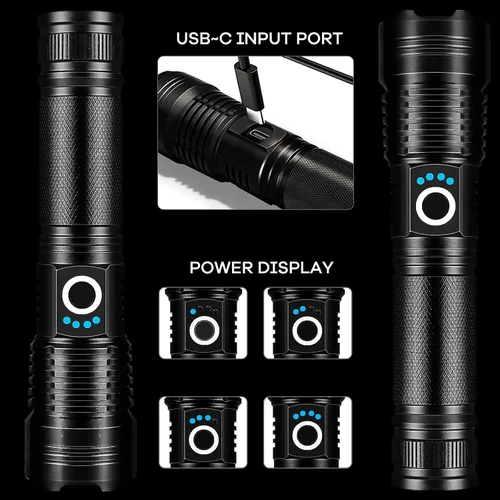 Vista 5 de Lylting Paquete de 2 linternas LED recargables de alto lúmenes, linterna ajustable súper brillante de 99,000 lm con cable USB y 5 modos, linterna