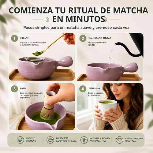 Vista 4 de HAPPY PATH & CO - Juego de cuencos de matcha patentado con mango y boquilla, vertido sin derrames, juego completo de matcha para principiantes Lila