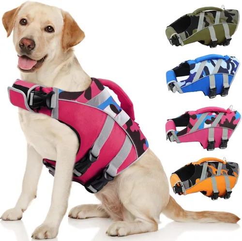 Vista 11 de Kuoser Chaleco salvavidas reflectante para perro, chaleco salvavidas para nadar y navegar Chalecos salvavidas ajustables para mascotas, traje