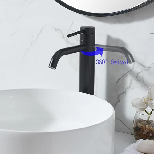 Vista 3 de Hotis Grifo de Fregadero Tipo Vasija Negro, Grifo Alto de Baño para Fregadero de 1 Agujero, Cuerpo Giratorio 360° Grifo de Una Sola Manija