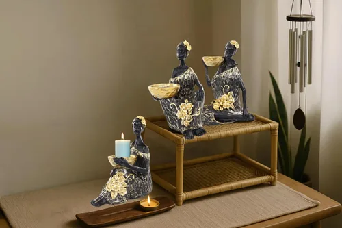 Vista 2 de Lescafita Juego de 3 Portavelas de Dama Africana – Figuras de Resina con Cuencos Dorados para Velas de Té o Velas de Pilar Pequeñas – Estatuas