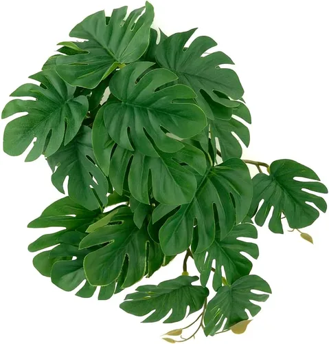 Vista 7 de Plantas de Reptiles para Terrario, Decoración de Hábitat de Anfibios Plantas Colgantes Artificiales con Ventosa - Alocasia Terciopelo Negro Falsa