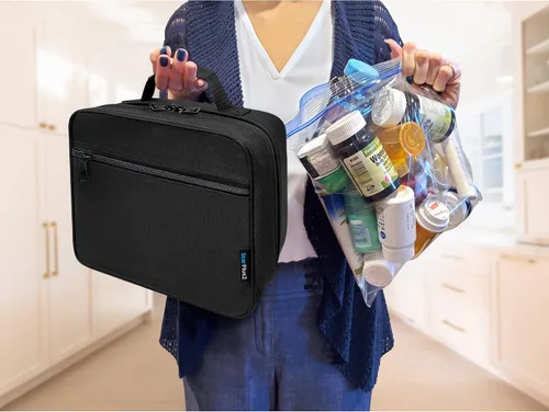 Vista 4 de Organizador de frascos de píldoras acolchado grande, bolsa de medicamentos, estuche, portador para medicamentos, vitaminas y suministros médicos
