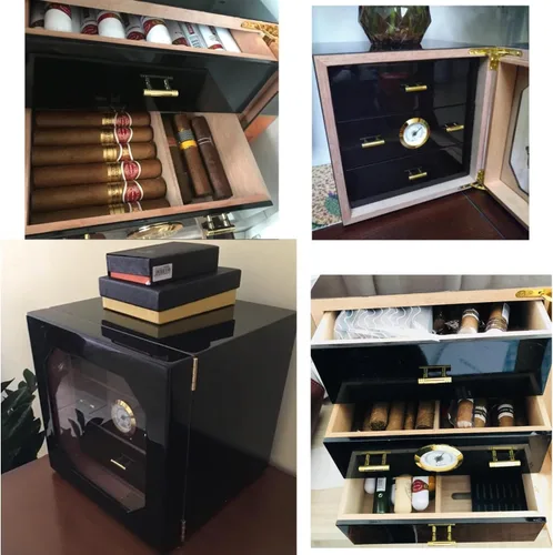 Vista 3 de Humidor de cigarros higrómetro montado en la parte delantera Caja de almacenamiento y humidificador forrado de cedro, acabado de revestimiento negro