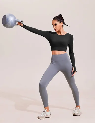 Vista 4 de PINSPARK Camiseta corta de manga larga acanalada para entrenamiento, con espalda abierta, para yoga, con nudo torcido, con agujero para el pulgar