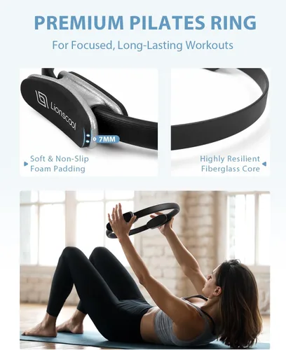 Vista 7 de LIONSCOOL Pilates Ring Set - 14" Anti-Deformation Magic Circle with Padded Handles, 9" Mini Ball, Non-Slip Fabric Resistance Bands, Guide & Bag