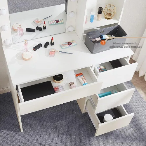 Vista 5 de Vabches Tocador de maquillaje con luces, escritorio de tocador de 37 pulgadas, cómoda de 4 cajones grandes con espejo iluminado, 3 modos de Blanco