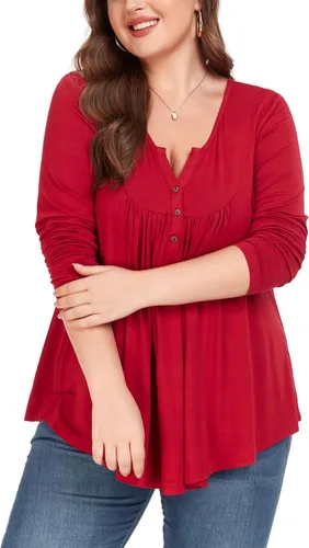 Vista 4 de Camiseta básica para mujer, talla grande, cuello Henley, con botones, ajuste holgado, estilo casual
