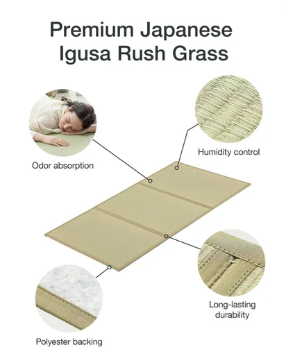 Vista 5 de FULI Colchón de tatami japonés, tapete Igusa (hierba 100% japonesa Rush) se pliega en tres, fabricado en Japón (natural, individual)