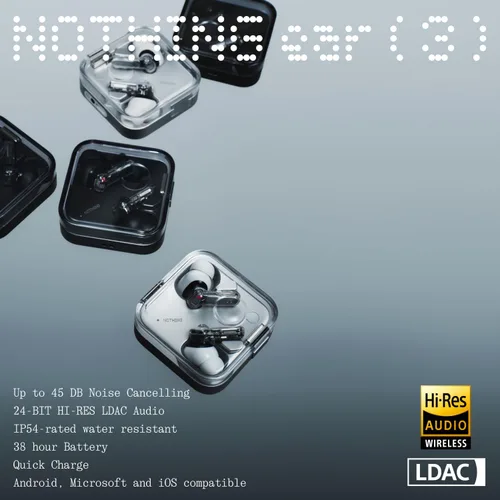 Vista 4 de Nothing Ear (3) Auriculares inalámbricos Super Mic 45dB Cancelación activa de ruido híbrida Bluetooth Auriculares Hi-Res 6 micrófonos, refuerzo