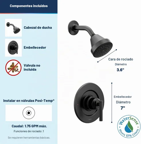 Vista 3 de Moen Gibson Negro Mate Eco-Performance Moderno Acabado de Ducha con Cabezal de Ducha de Baño y Manija de Palanca, Requiere Válvula Posi-Temp