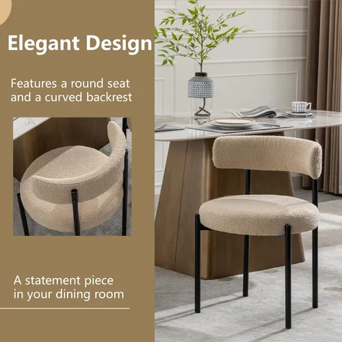Vista 4 de Juego de 2 sillas de comedor Boucle, sillas de comedor beige con asiento tapizado y respaldo redondo, sillas de cocina modernas de mediados de siglo