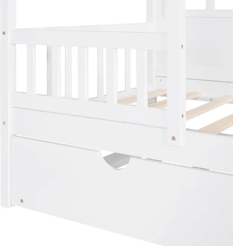 Vista 4 de Harper & Bright Designs Cama de casa de tamaño individual con cama nido de tamaño individual, sofá cama de madera, cama de plataforma con techo
