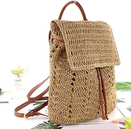 Vista 3 de Sherry Moda paja mochila para las mujeres cordón bolso de hombro bohemio playa bolsos