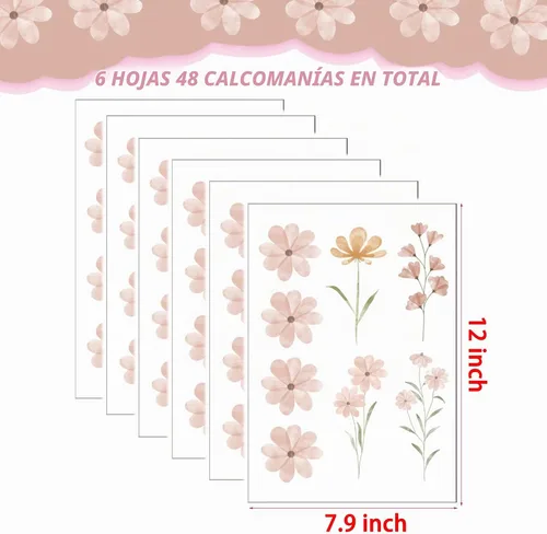Vista 2 de 48 PCS Calcomanías de Flores Bohemias Calcomanías de Pared de Margaritas para Habitaciones de Niñas, Salas de Juegos y Guarderías Impresión de Doble