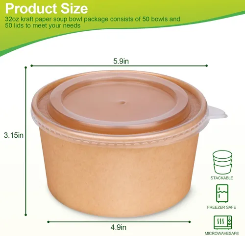 Vista 6 de Greensight Cuencos de papel grandes de 32 onzas con tapas, paquete de 50 unidades, desechables, biodegradables para ensaladas, sopas, alimentos