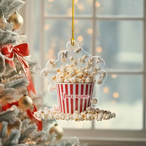 Vista 8 de Adorno de Navidad personalizado de máquina de palomitas de maíz 2025, caja de palomitas de maíz plana 2D, decoración de árbol, regalo único