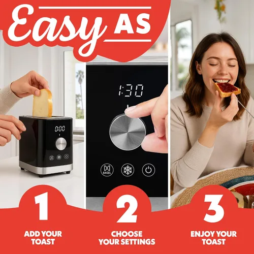 Vista 2 de Gourmia Tostadora de 2 rebanadas: 6 niveles de tostado con modo Bagel y descongelación, tostado de un solo toque, bandeja extraíble para migas