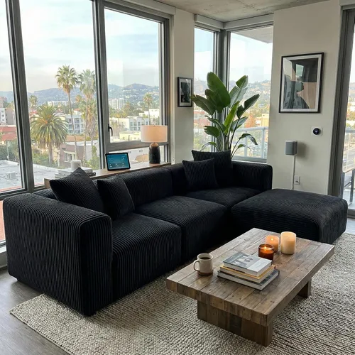 Vista 6 de Acanva Sofá modular convertible con otomana, en forma de L, negro Sofá de pana, marco de madera, combinación libre, sofá cama, para sala de estar