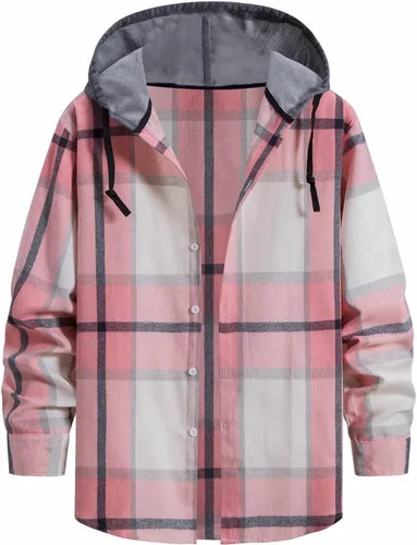 Vista 25 de Aymnlox Sudaderas con capucha para hombre, de manga larga, a cuadros, con botones, con capucha, casual, elegante, con cordón, 2024 #A01-Red