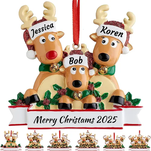 Vista 9 de Adorno personalizado de ciervo para árbol de Navidad, familia de 2,3,4,5,6,7,8 nombres, lindo reno de Papá Noel, decoración de Navidad 2025, regalo