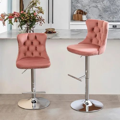 Vista 304 de SoarFlash Juego de 2 taburetes de bar tapizados de terciopelo moderno con patas de madera, botones acolchados, cabeza de clavo cromada, asiento