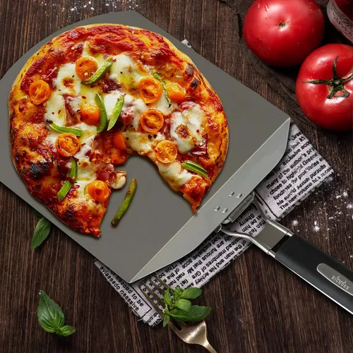Vista 8 de Pizza Peel BIG HORN - Espátula de pizza de metal con mango de goma, espátula de pizza de acero inoxidable perforada