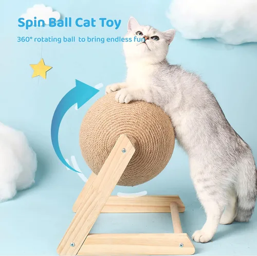 Vista 5 de BATTIPAW Rascador de gato, bola rascador de conejo, rascador de sisal natural, bola giratoria para gatos, juguete rascador de madera maciza