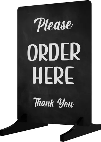 Vista 2 de Letrero con texto en inglés «Please Order Here» – Café, Takeaway, Cafetería, Sandwichería, letrero de mostrador, tamaño A4 (soporte negro)