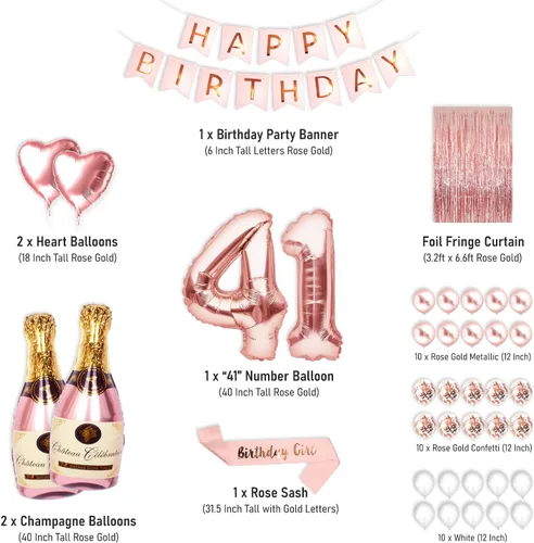 Vista 2 de Decoraciones de fiesta de cumpleaños número 41 para ella, suministros de oro rosa, juego grande con pancarta de cumpleaños y globos de 41 dígitos