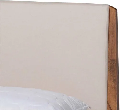 Vista 7 de Baxton Studio Lenora Mid-Century - Cama de plataforma tapizada de tela beige y acabado marrón nogal, tamaño matrimonial