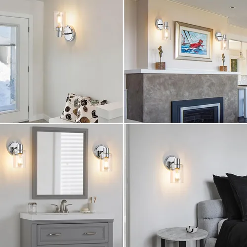 Vista 7 de Apliques de Pared de Baño de 2 Luces con Cristal Transparente, Luces de Pared de Baño Sobre Espejo, Luces de Tocador Cromadas con Base E26