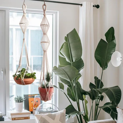 Vista 9 de 2 Piezas Colgadores de Macramé para Plantas de Interior, Maceteros Colgantes de Macramé Grandes para Macetas de hasta 10 pulgadas, Sin Borlas