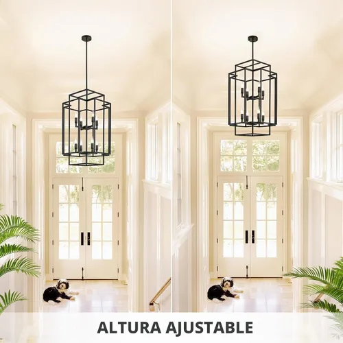 Vista 5 de Candelabro Negro de Granja, Candelabros Grandes para Techos Altos, Lámpara Colgante de Linterna Escalonada de 8 Luces, Accesorios de Iluminación