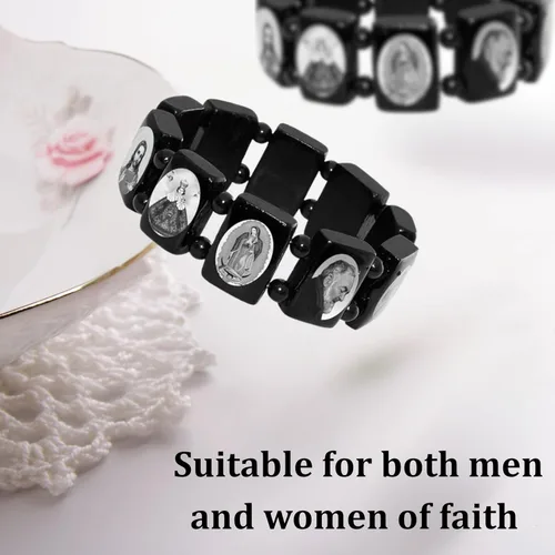Vista 8 de Catholica Shop Pulseras elásticas de madera religiosas católicas devocionales. Paneles pequeños y grandes con imágenes surtidas de santos, Jesús