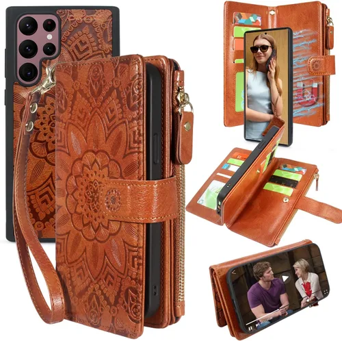 Vista 8 de Harryshell Funda de cuero desmontable con cremallera magnética con bolsillo para monedas, 12 ranuras para tarjetas, correa de muñeca para Samsung
