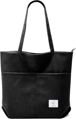 Vista 13 de KALIDI Bolsa Tote de Pana para Mujer con Cremallera Bolsa de Mano Casual Tote Bolsa de Hombro de Gran Capacidad con Bolsillos 1 negro y 1 blanco.