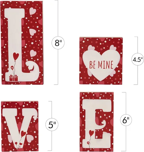 Vista 6 de Bloques de amor de madera roja – Día de San Valentín romántico corazón letras de madera Bloque decorativo con corazones para estante de mantel sobre