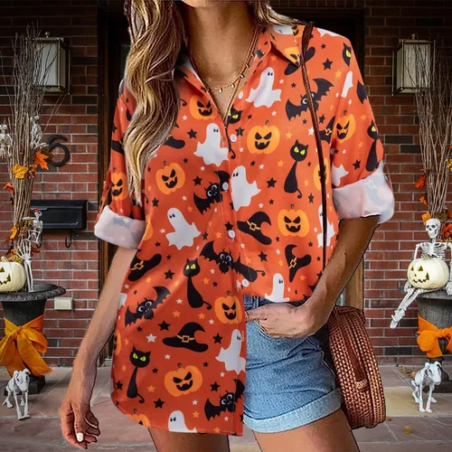 Vista 2 de FLOYU Camisa de Halloween para mujer, blusa de manga larga Hocus Pocus, camiseta de calabaza de Halloween, camiseta hawaiana con botones y cuello