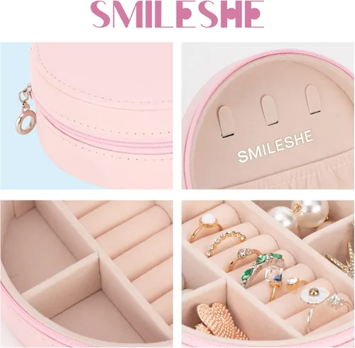 Vista 4 de Smileshe Joyero de viaje, mini organizador portátil con cremallera, de piel sintética, pequeñas cajas de almacenamiento para anillos, aretes