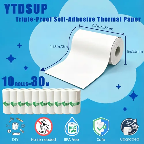 Vista 2 de 10 rollos de mini papeles adhesivos para impresora térmica, 2.244 x 0.984 in, papel térmico autoadhesivo a prueba de triple prueba para la mayoría