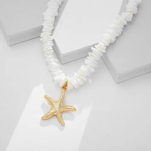 Vista 5 de Collar de concha dorada para mujer con arena de playa y cuentas de estrella de mar, gargantilla de cadenas de océano, collar de moda de verano