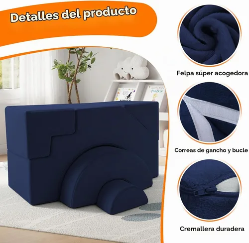 Vista 5 de MeMoreCool Sofá infantil con tobogán y escalera, sofá de espuma convertible Azul marino profundo (sólido)