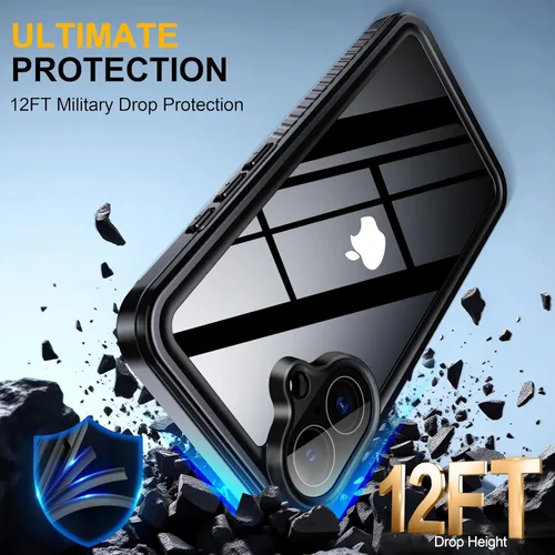 Vista 3 de ANTSHARE Funda impermeable IP68 para iPhone 16, negro/transparente Lente incorporada/protector de pantalla, protección militar contra caídas, funda