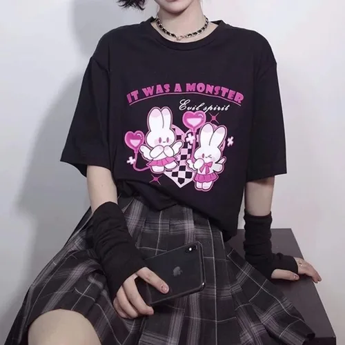 Vista 5 de Kawaii Clothes - Camiseta con estampado de conejito de dibujos animados y cuello redondo gótico pastel
