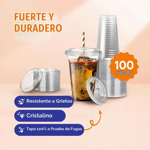 Vista 2 de [100 Juegos - 20 oz.] Vasos de Plástico Transparente con Tapa de Ranura para Pajita, Vasos de Plástico Desechables PET Cristal Transparente de 20